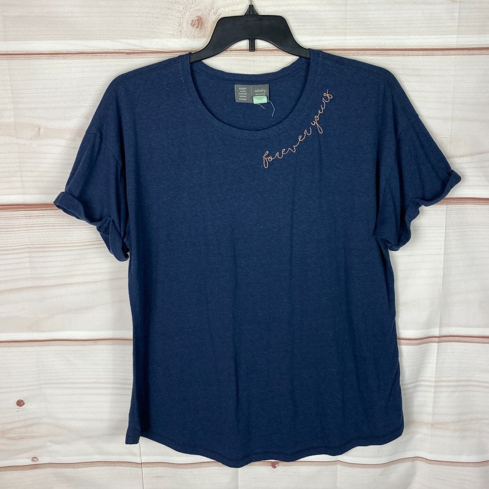 Saturday Sunday Top Women XL Blue Forever Yours T-Shirt Embroidered Short Sleeve